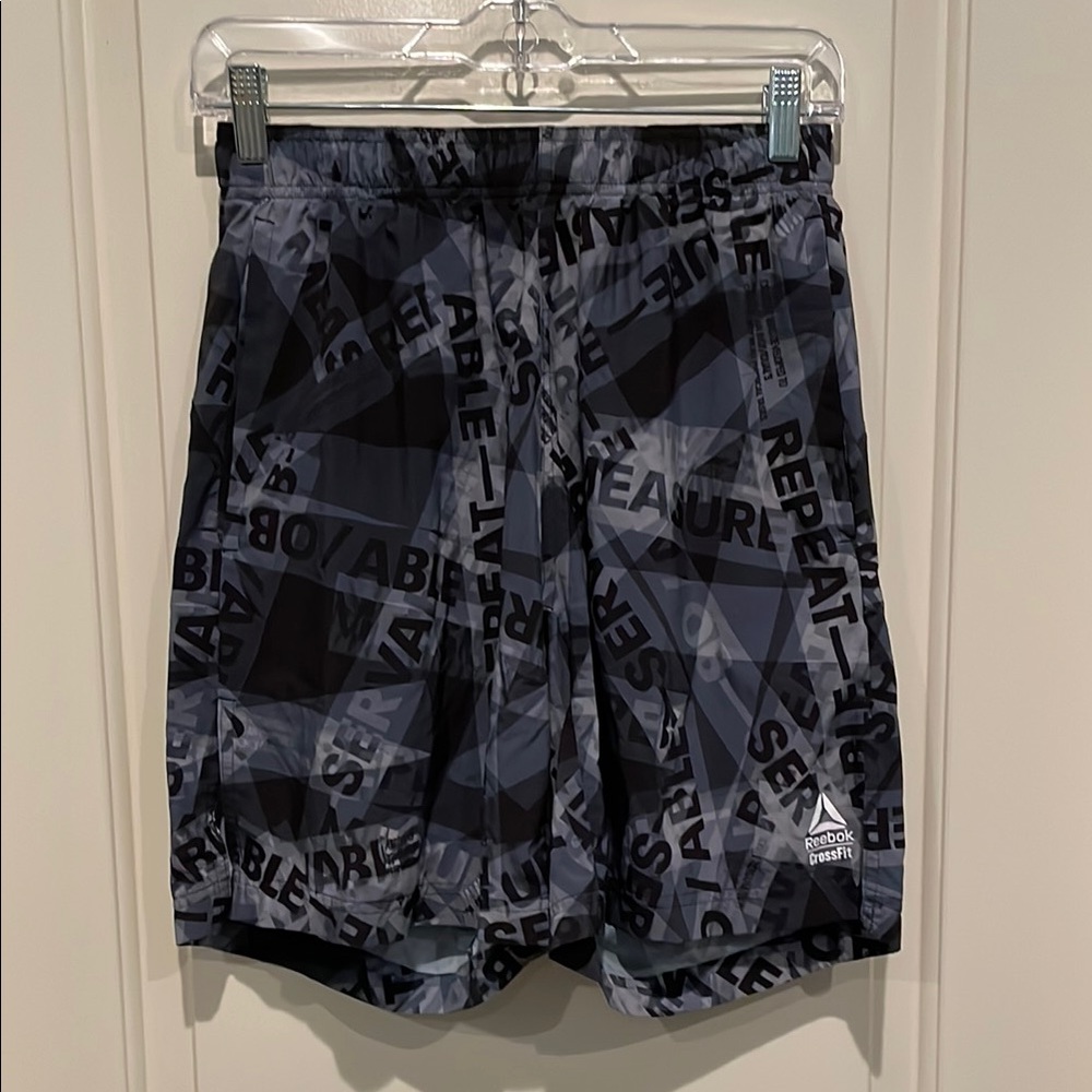 Reebok Men's Black and Gray CrossFit Shorts with Graphic Design, Size Small